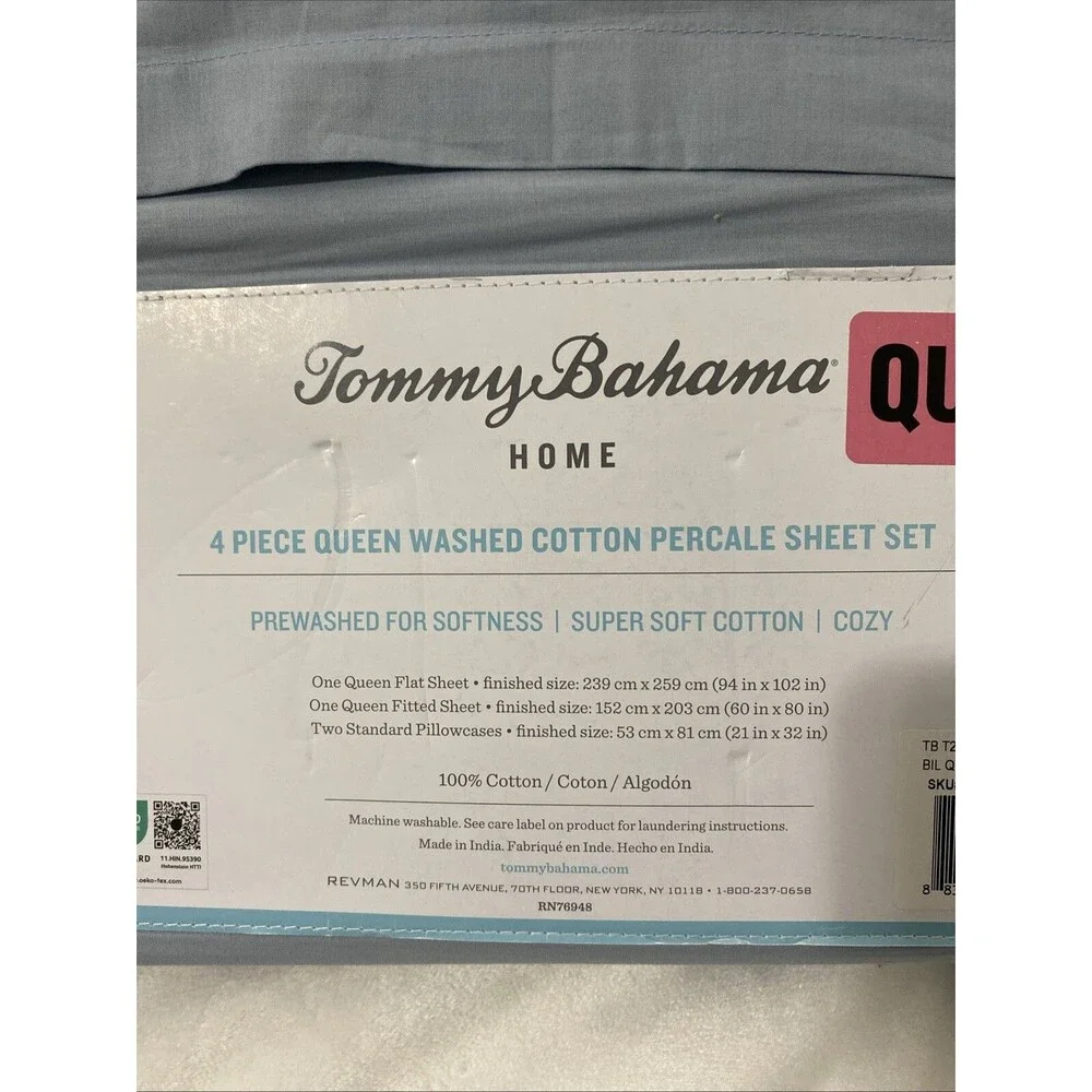 Tommy Bahama Queen Sheet Set 4 Pieces Home Washed Cotton Percale Blue Sky New